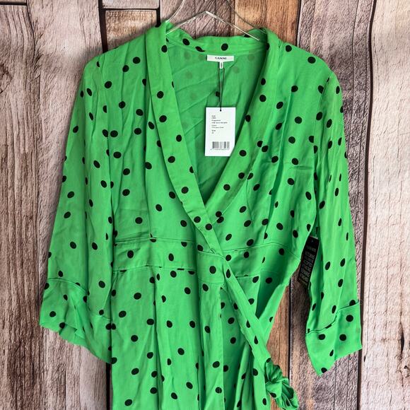 Ganni Dress Dainty Georgette Wrap Polka Dot Classic Green Size 42 Versatile - Picture 3 of 15
